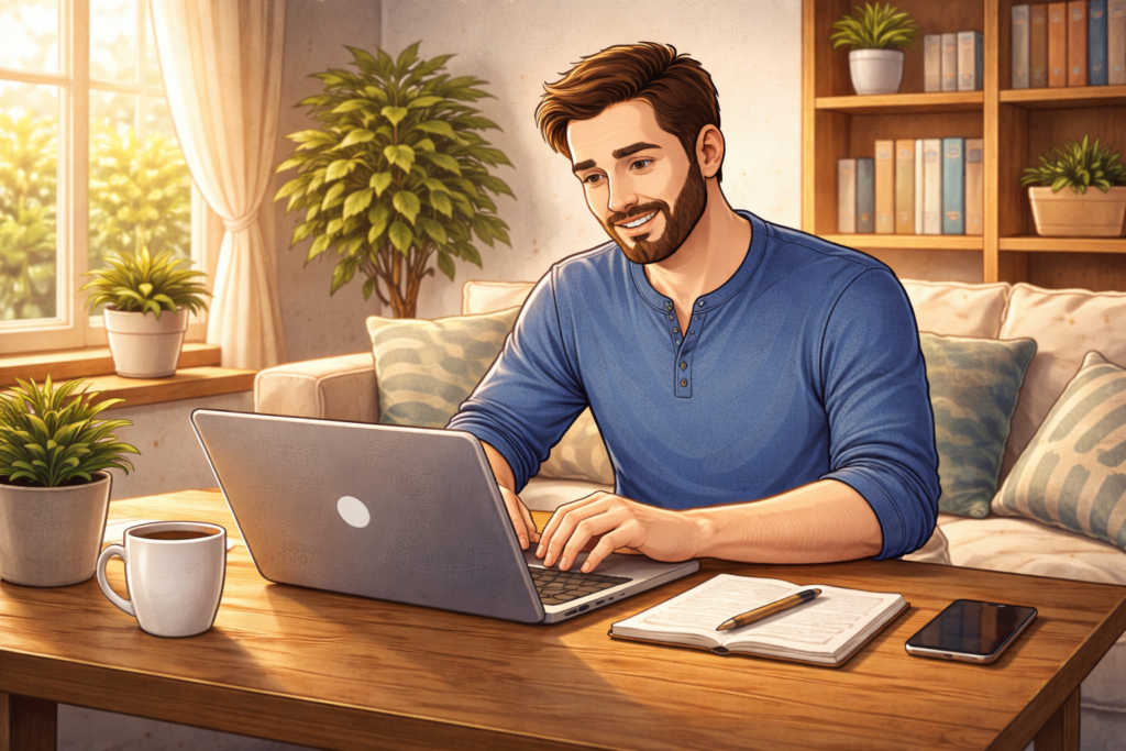 Freelancer working on a laptop at home with a coffee mug, notebook, and plant on a wooden desk in a cozy living room.
