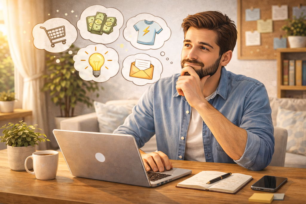 person thinking about online business ideas