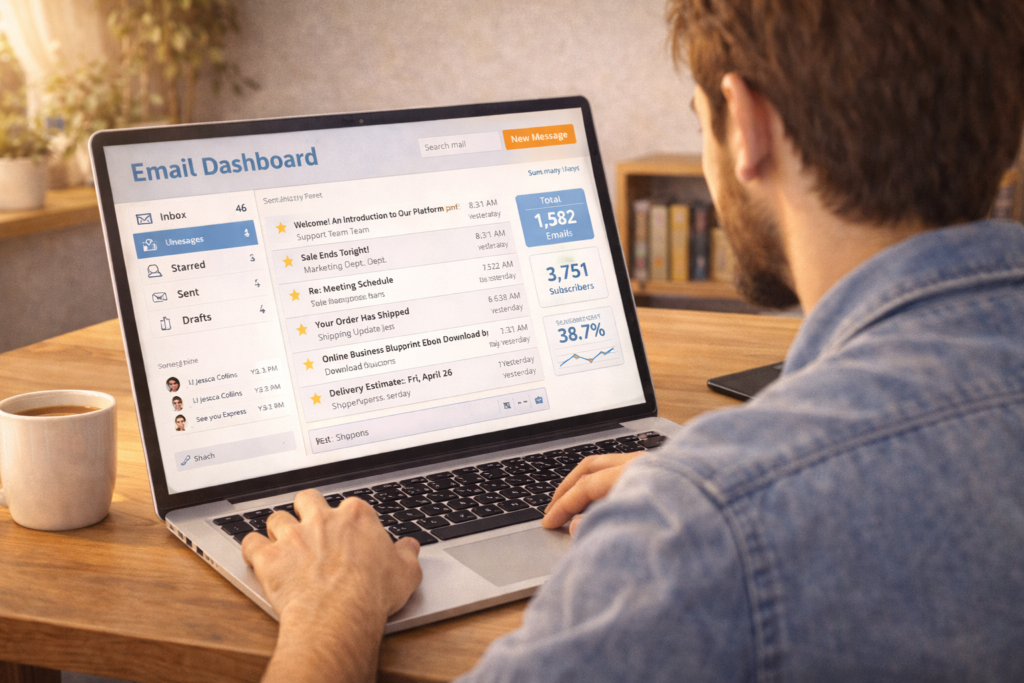 person working on laptop with email dashboard