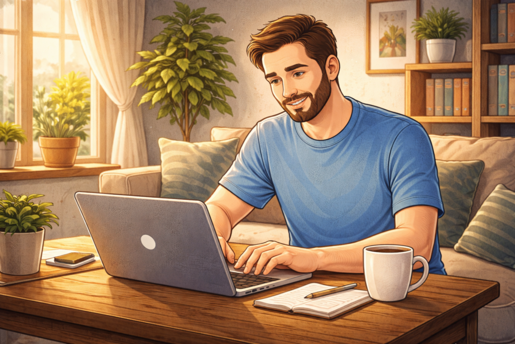 Smiling at work in a cozy space