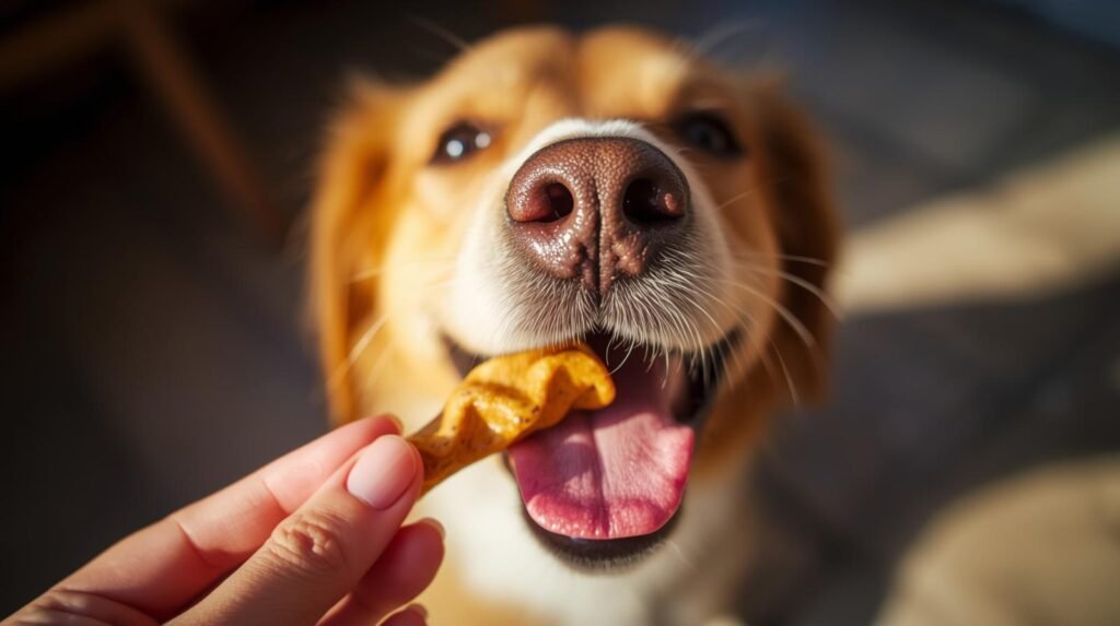 dog eating food happily again