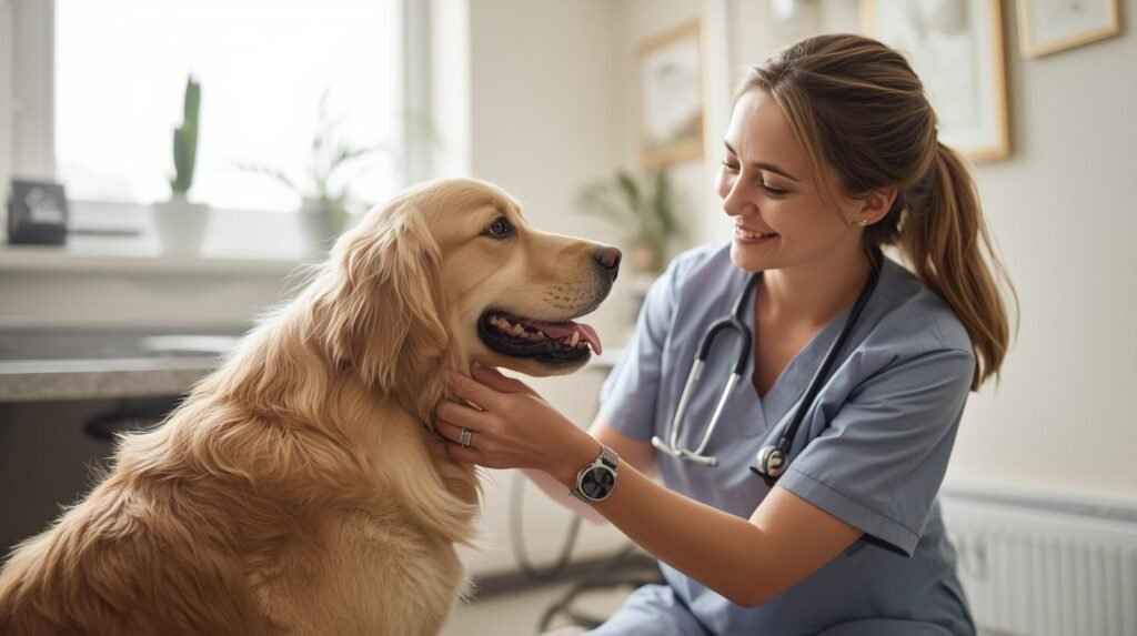 A veterinarian checks the dog's appetite and health.